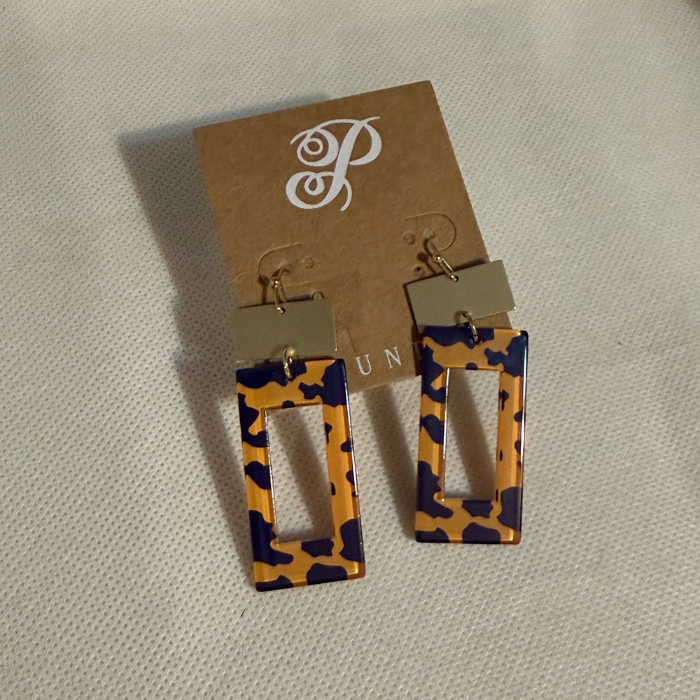 Plunder Blue and Tan Rectangular Cutout Drop Earrings